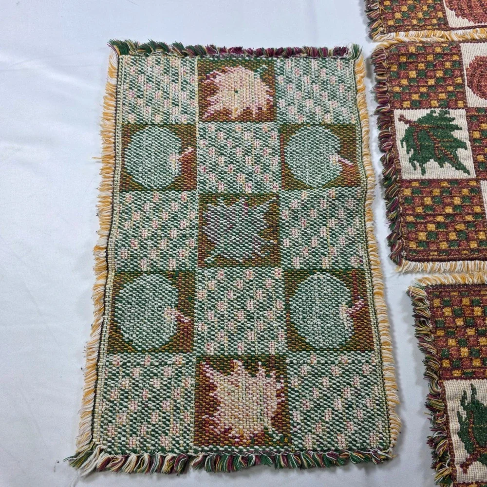 Set of 4 Fall Harvest Woven Tapestry Placemats Pumpkin Leaf Patchwork Fringed